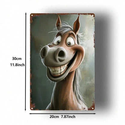 1pc Retro Cartoon Horse Head Metal Sign, Vintage Tin Painting Wall Decor, Humorous Country Style Iron Plate Art - view 2