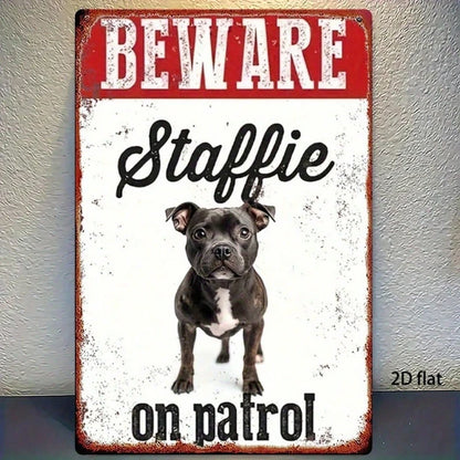Vintage Metal Sign "Beware Staffie On Patrol" 8x12 Inch Rustic Farmhouse Wall Decor Humorous Warning Plaque Durable Tin - view 2
