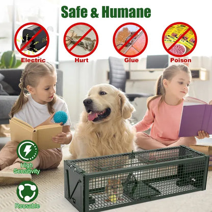 2Pack 15.35x4.72x3.94in 2-Door Humane Live Rat Trap Galvanized Iron Rodent Trap Cage Reusable For Home Garden Farm - view 5