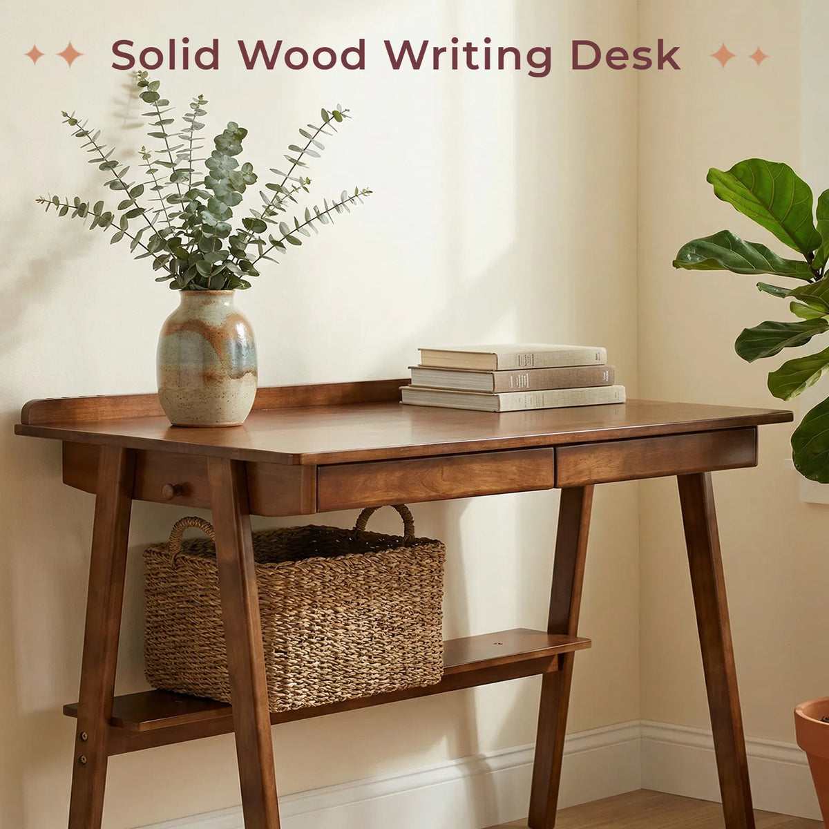 Solid Wood Writing Desk, Home Office Desk for Small Spaces, Mid Century Modern Desks with 2 Drawers & Storage Shelf - view 7