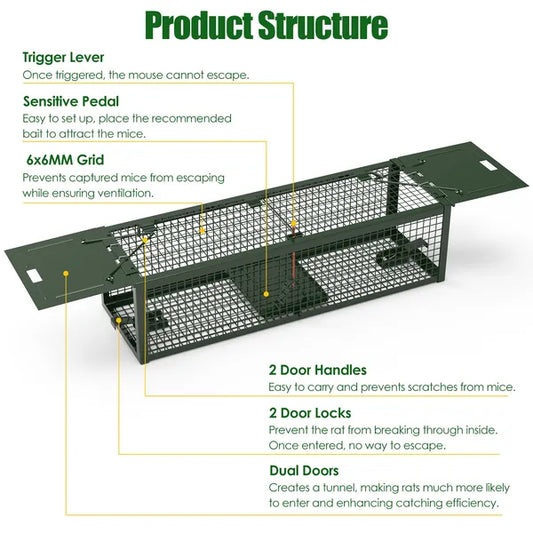 2Pack 15.35x4.72x3.94in 2-Door Humane Live Rat Trap Galvanized Iron Rodent Trap Cage Reusable For Home Garden Farm - view 2