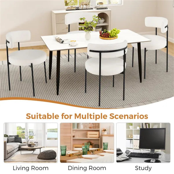 2 PCS White Sherpa Upholstered Dining Chair, Ergonomic Curved Backrest & Wide Round Seat - view 2