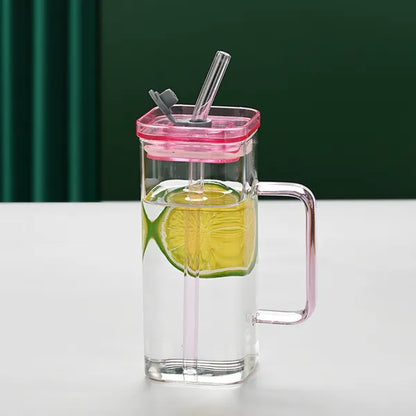 1 Pcs Pink Glass Straw Cup, 6 Colors Square Glass Cup With Straw And Lid, High Borosilicate Glass Cup, Milk Cup