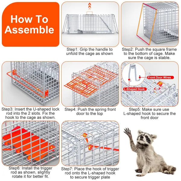 Live Animal Trap Cage 37x14x15in Folding Catch And Release Humane Cat Trap Galvanized Iron For Raccoons Foxes Coyotes - view 9