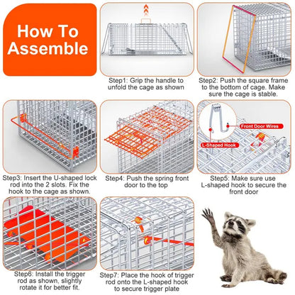 Live Animal Trap Cage 37x14x15in Folding Catch And Release Humane Cat Trap Galvanized Iron For Raccoons Foxes Coyotes - view 9