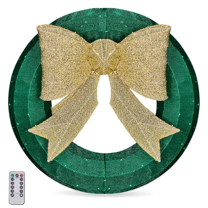 24in Pre-lit Outdoor Christmas Wreath Decoration, Lighted Metal Wreath With Golden Bow, Green And Warm White LED Lights - view 7