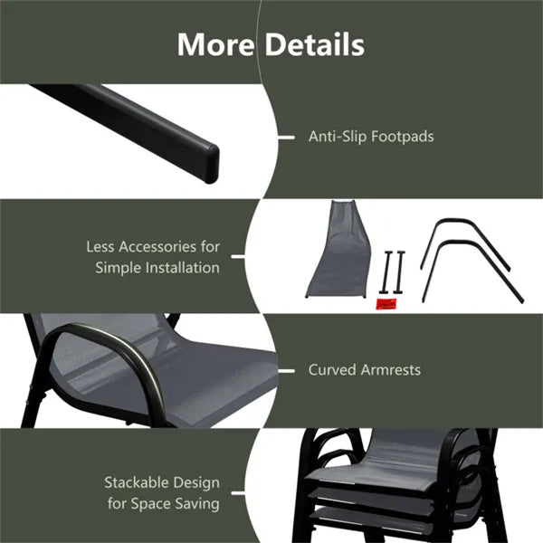 Gray 2 Pack Stackable Patio Dining Chairs, Ergonomic Steel Frame Breathable Fabric Outdoor Chairs 330 LBS Capacity - view 4