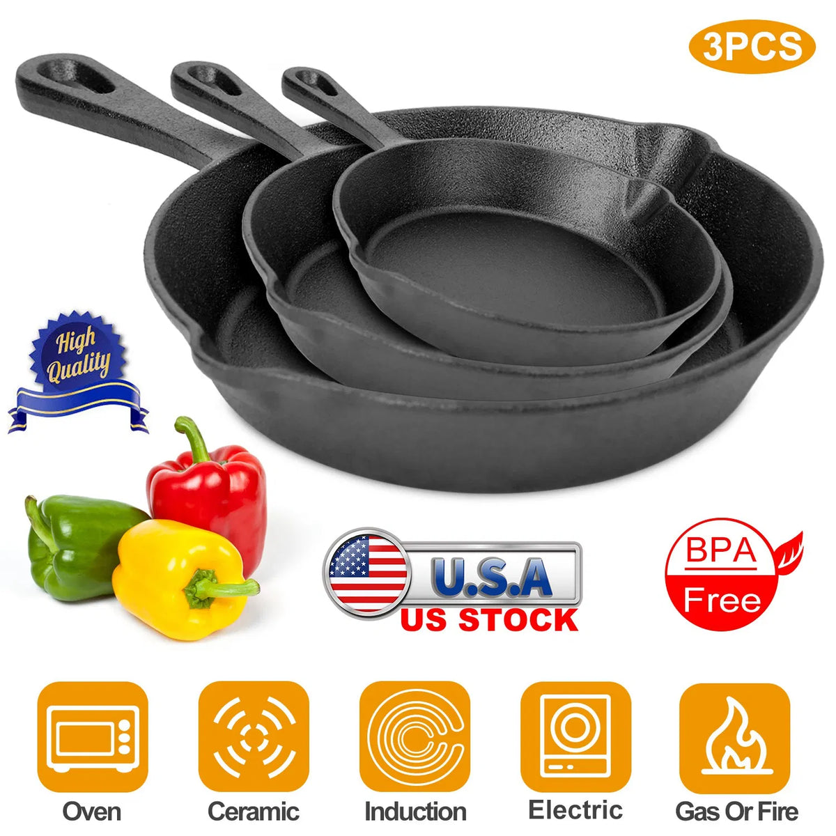 3Pcs Pre-Seasoned Cast Iron Skillet Set 6 8 10in Non-Stick Oven Safe Cookware Heat-Resistant Frying Pan