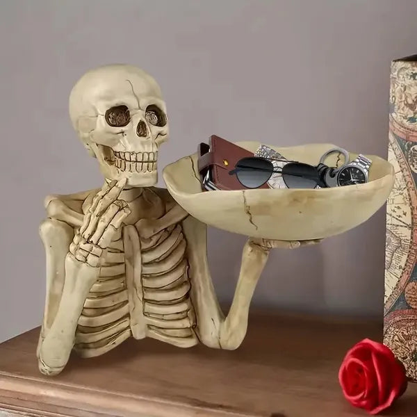Skull Tray Ornament With Bowl Unique Skeleton Design For Indoor & Outdoor Decor, Perfect For Halloween, Day Of The Dead