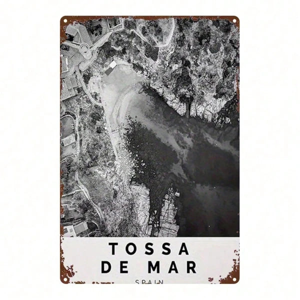 Vintage Spanish Tossa De Mar Metal Sign 8x12 Inch Retro Black & White Tin Plaque
