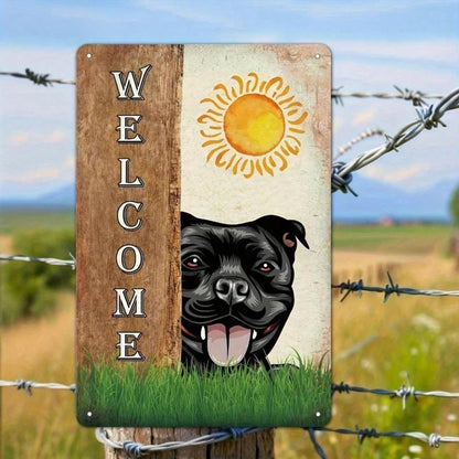 Vintage Staffordshire Bull Terrier Dog Welcome Metal Sign, Rustic Farmhouse Tin Wall Art, Art