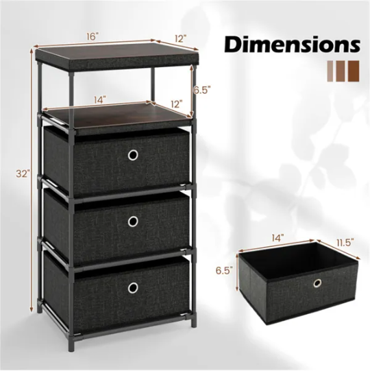 3-Drawer Fabric Storage Cabinet - Removable Foldable Drawers, Industrial Wood Top, Metal Frame With Anti-Tipping Kits