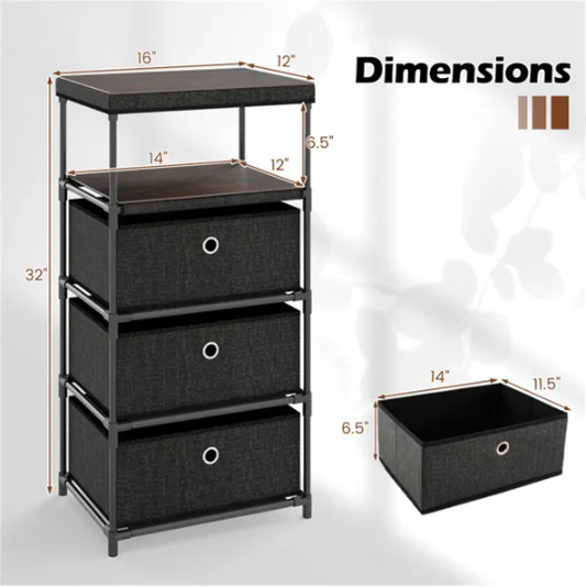 3-Drawer Fabric Storage Cabinet - Removable Foldable Drawers, Industrial Wood Top, Metal Frame With Anti-Tipping Kits