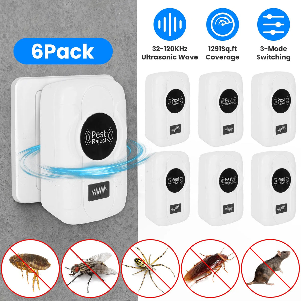 6 Pack 32-120KHz Ultrasonic Insect Repellent Indoor Plug In Bug Repellent Mosquito Roaches Mice Control With 3 Modes