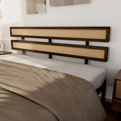 Dark walnut wood painted finish + rattan and pine wood double headboard King size bed, Bohemian style - view 4
