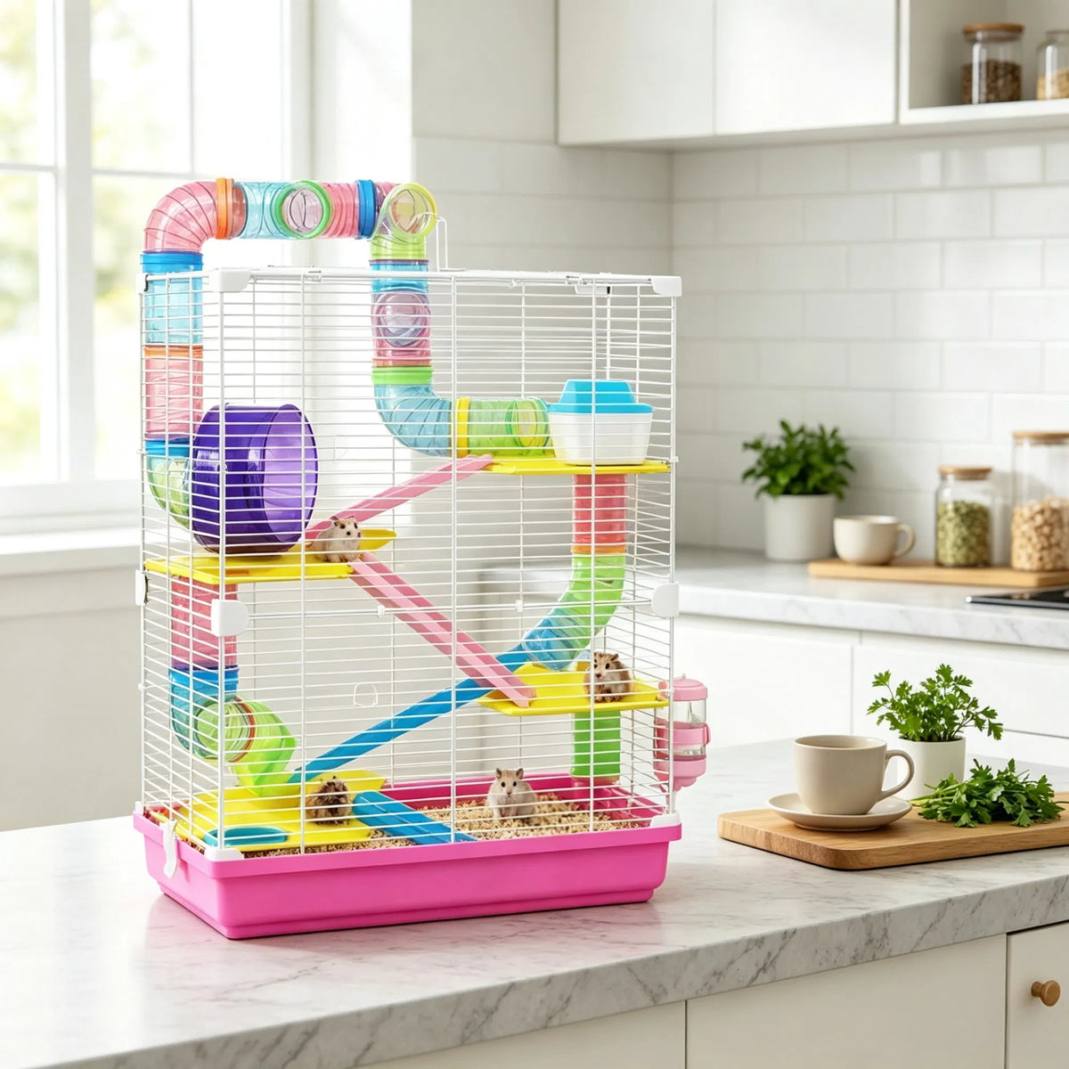 Pink 5-Tier Portable Hamster Cage for Short Trip Outing, Small Animal Travel Carrier with Tunnel Tubes - view 5