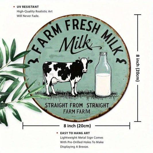 Vintage | Round Metal Tin Sign 8X8 Inch,2D Flat Printed Farm Fresh Milk Retro Dairy Art Decor Classic Farmhouse Style - view 2