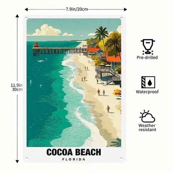 1pc Retro Cocoa Beach Florida Metal Tin Sign, Vibrant Coastal Paradise Travel Poster Wall Art, Durable Iron Home Decor - view 2