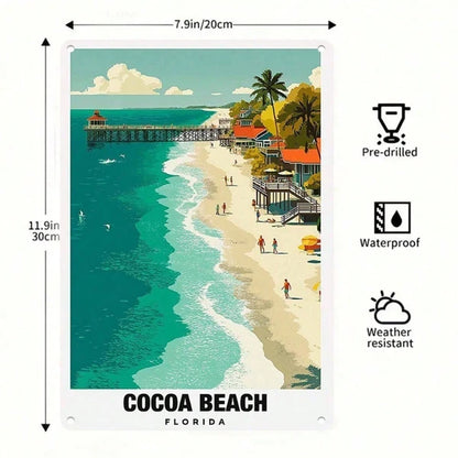 1pc Retro Cocoa Beach Florida Metal Tin Sign, Vibrant Coastal Paradise Travel Poster Wall Art, Durable Iron Home Decor - view 2