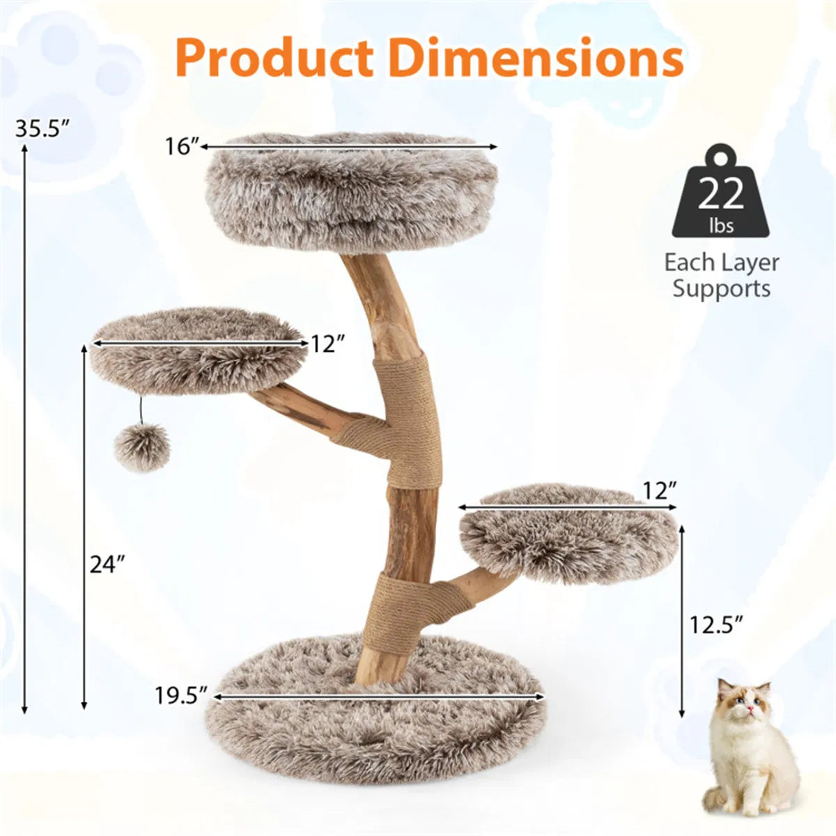 4-Level Natural Pear Wood Cat Tree - 19.5" x35.5", Jute Scratch Posts + Plush Ball, Long Plush - view 8