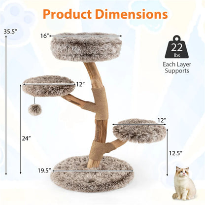 4-Level Natural Pear Wood Cat Tree - 19.5" x35.5", Jute Scratch Posts + Plush Ball, Long Plush - view 8