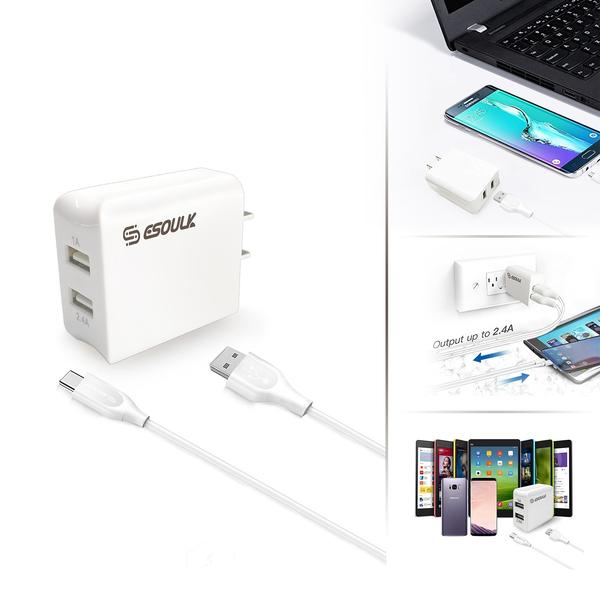 Esoulk 12W 2.4A Dual USB Travel Wall Charger With 5FT Type-C Charging Cable