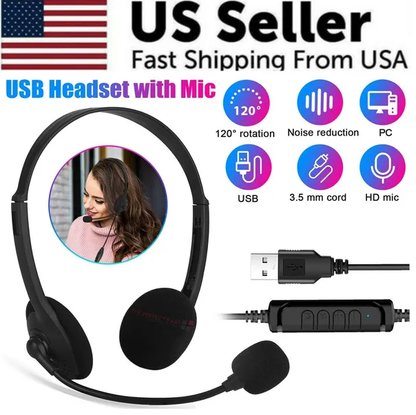 USB Headset Headphone With Microphone Noise Cancelling For PC Computer Call Chat