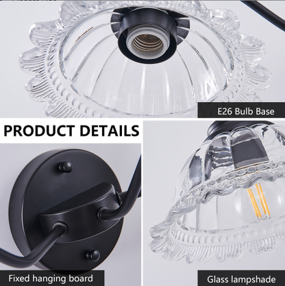 20 Inch 2-Light Vintage Bathroom Wall Sconce - Elegant Black Metal And Glass Lampshade Vanity Light Fixture - view 7