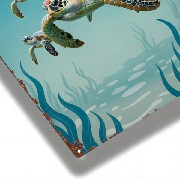 1pc 2D Metal Sea Turtle Wall Decor, 8x12 Inch Marine Life Tin Sign, Square Iron Hanging Art Poster For Home Bar Cafe - view 5