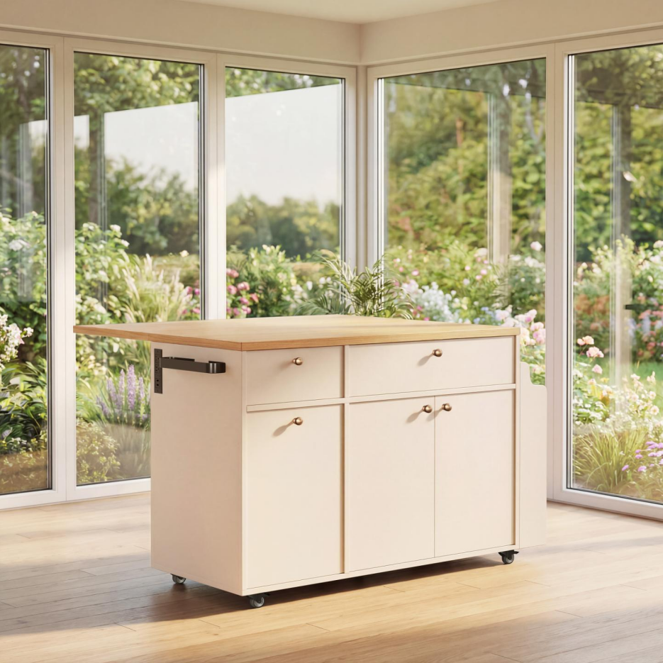 Kitchen Island With Storage Rolling Kitchen Island Cart With Drop Leaf Extension, Natural Wood Top, Drawers, Spice Rack - view 6