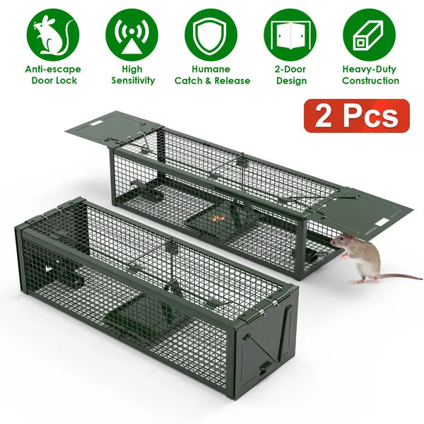 2Pack 15.35x4.72x3.94in 2-Door Humane Live Rat Trap Galvanized Iron Rodent Trap Cage Reusable For Home Garden Farm