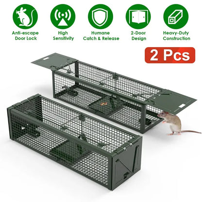 2Pack 15.35x4.72x3.94in 2-Door Humane Live Rat Trap Galvanized Iron Rodent Trap Cage Reusable For Home Garden Farm