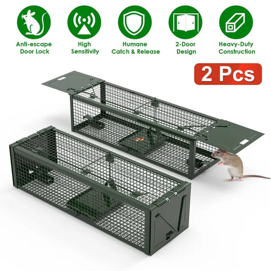 2Pack 15.35x4.72x3.94in 2-Door Humane Live Rat Trap Galvanized Iron Rodent Trap Cage Reusable For Home Garden Farm