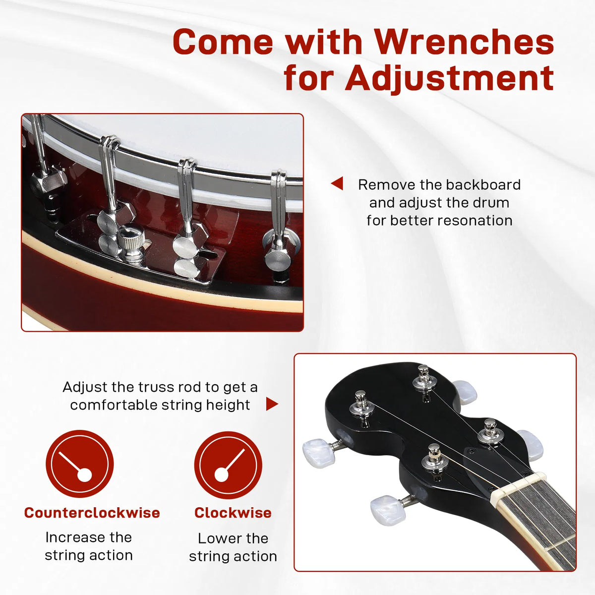 Full Size 5 String Right Handed Banjos Set with Closed Solid Sapele Back & Premium Mahogany Neck and Premium Accessories - view 5