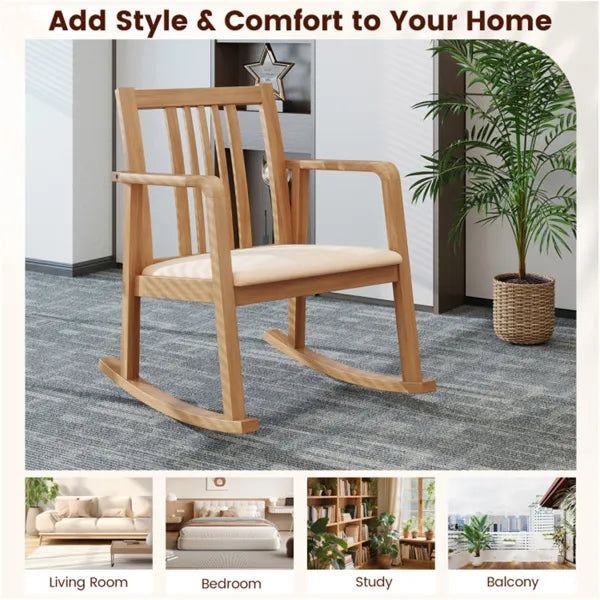 Solid Rubber Wood Rocking Chair, 400 LBS Weight Capacity Indoor Lounge Chair With Linen Cushion-Natural - view 2