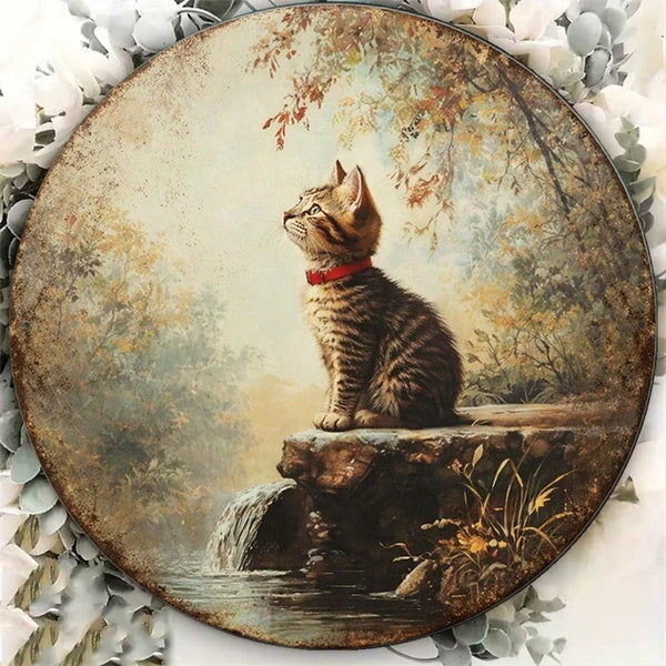 Vintage Tabby Cat Wall Art, Tabby Cat Wall Art, Wall Art, Round Kitten Plaque With Waterfall Stream - view 2