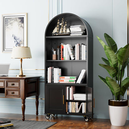 Metal Arched Bookcase With Wheels, Modern Freestanding Black Arch Storage Cabinets For Home Office Bookshelf Living Room - view 8
