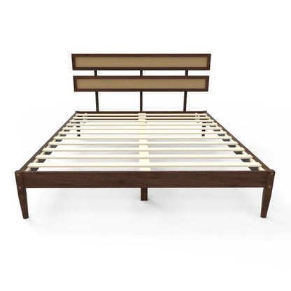 Dark walnut wood painted finish + rattan and pine wood double headboard King size bed, Bohemian style - view 6