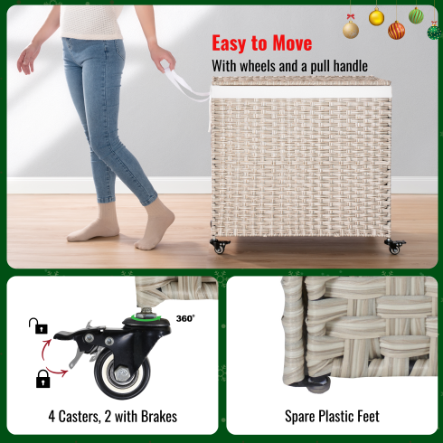Laundry Hamper With Lid PE Rattan Powder Coating Frame Clothes Hampers With 02 Removable Bags, Wheels, 160L, Gray Color - view 5