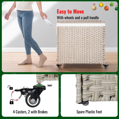 Laundry Hamper With Lid PE Rattan Powder Coating Frame Clothes Hampers With 02 Removable Bags, Wheels, 160L, Gray Color - view 5