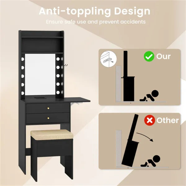 3-Color LED Lighted Vanity Desk with Charging Station - Foldable Makeup Table & Cushioned Stool Set - view 9