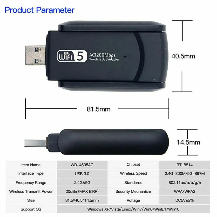 1200Mbps Long Range AC1200 Dual Band 5GHz Wireless USB 3.0 WiFi Adapter Antennas - view 8