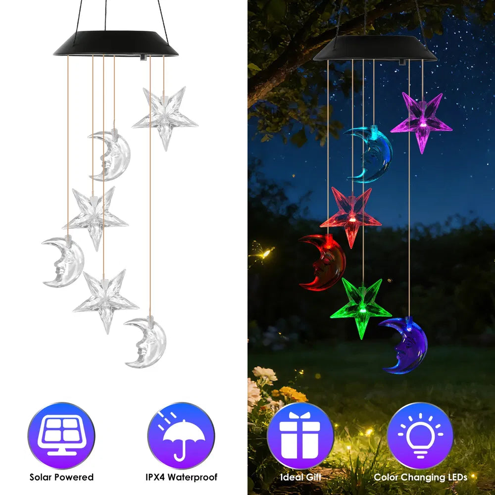 Solar Moon And Star Wind Chime 7 Color Changing Wind Chime For Outside IPX4 Waterproof Outdoor Garden Yard Decor - view 2