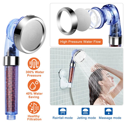 Ionic Filtration Shower Head High Pressure 3 Mode Stone Water Saving Bath Handheld Shower