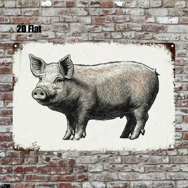 1pc Vintage Cartoon Pig Metal Sign, 8x12 Inch Cute Animal Tin Wall Art