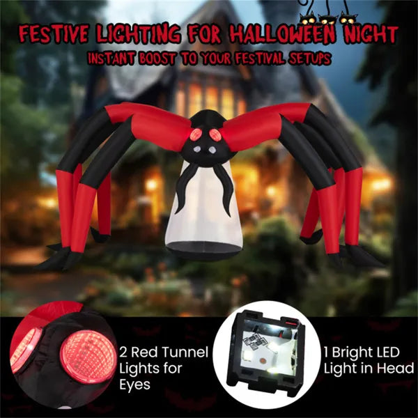 10ft Wide 5ft Tall Giant Halloween Inflatable Spider - LED Head Light 2 Red Eye Tunnel Lights, Black Red Color - view 7