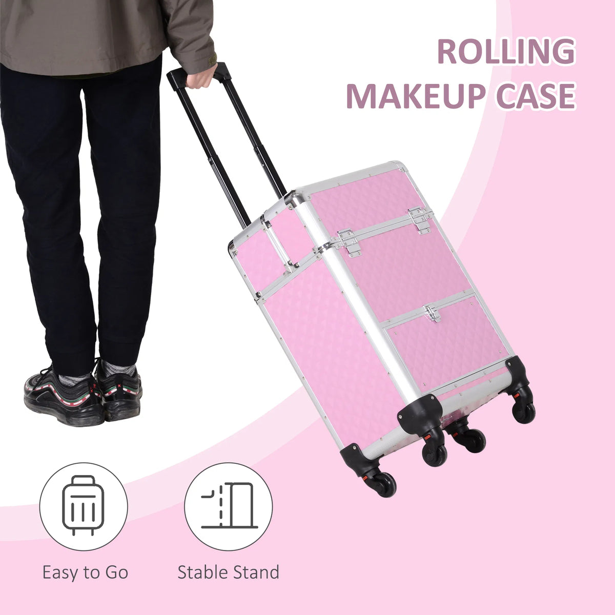 Makeup Train Case Portable Aluminum Rolling Cosmetic Organizer Trolley 4 Wheels Pink Salon Beauty Jewelry Storage - view 3