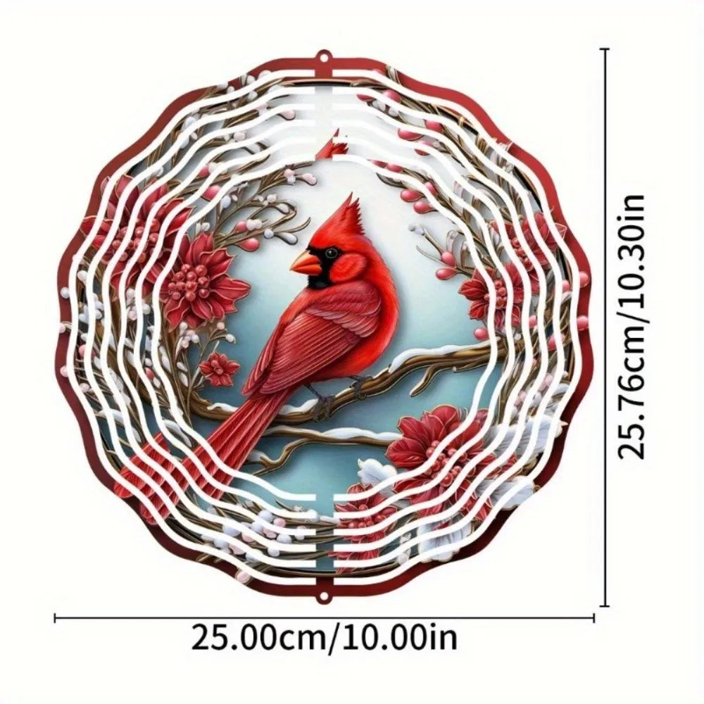 Cardinal Wind Spinners with Pine & Floral Design: Vibrant Red Metal Outdoor Decor | Hanging Wind Chimes for Garden - view 2