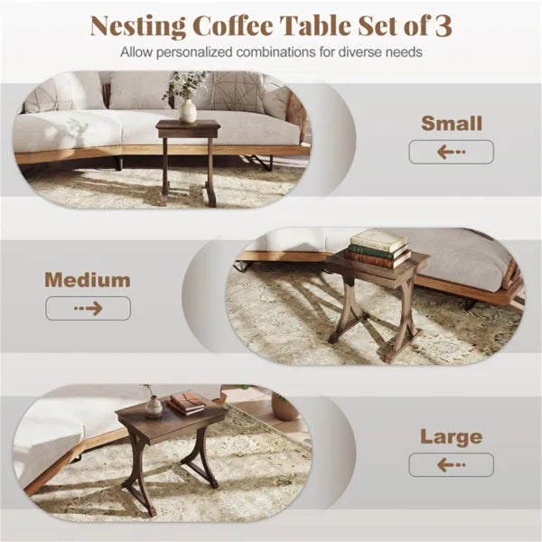 3-Piece Nesting Coffee Table Set, Space-Saving Design With Vintage Wood-Like Finish For Living Room - view 4