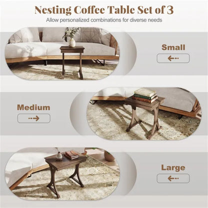 3-Piece Nesting Coffee Table Set, Space-Saving Design With Vintage Wood-Like Finish For Living Room - view 4